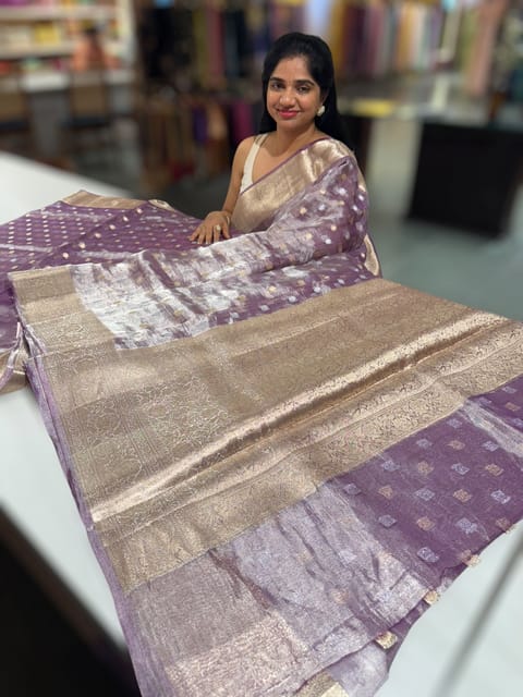 Purple Banarasi Silver Tissue Saree with Buti Weaving
