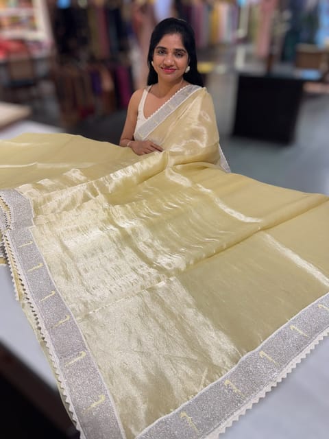 Pastel Yellow Tissue Saree with Paithani Tissue Embroidered Border