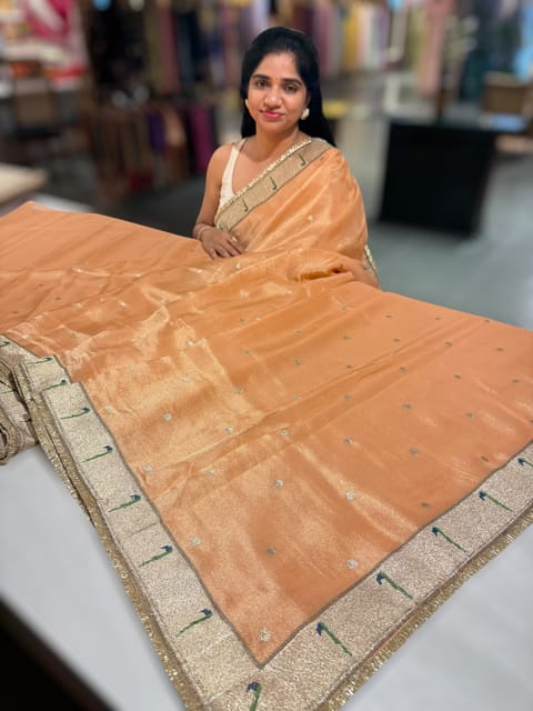 Peach Tissue Saree with Paithani Tissue Embroidered Border