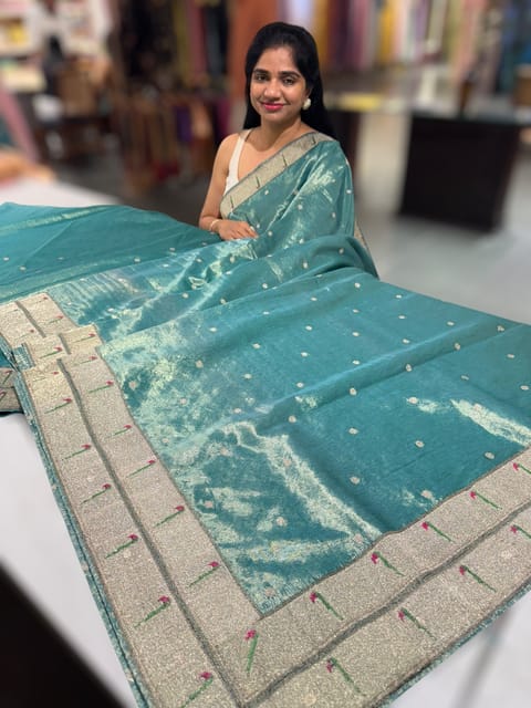 Teal Tissue Saree with Paithani Inspired Muniya Borders