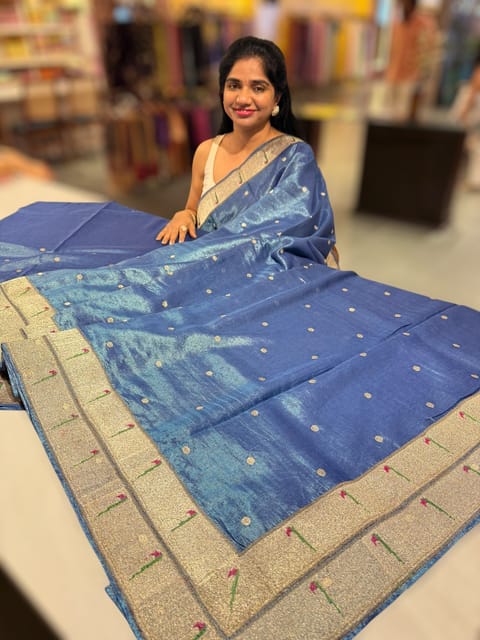 Blue Tissue Saree with Paithani Inspired Muniya Borders