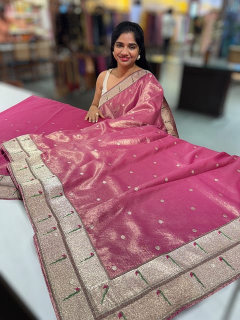 Ruby Pink Tissue Saree with Muniya Borders