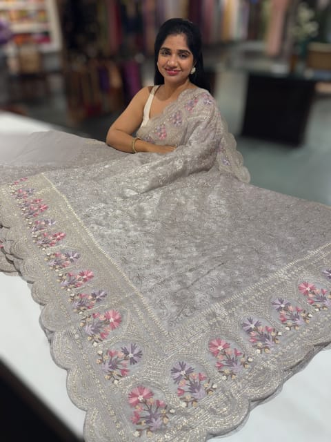 Greyish Silver Glass Organza Saree with All-Over Embroidery