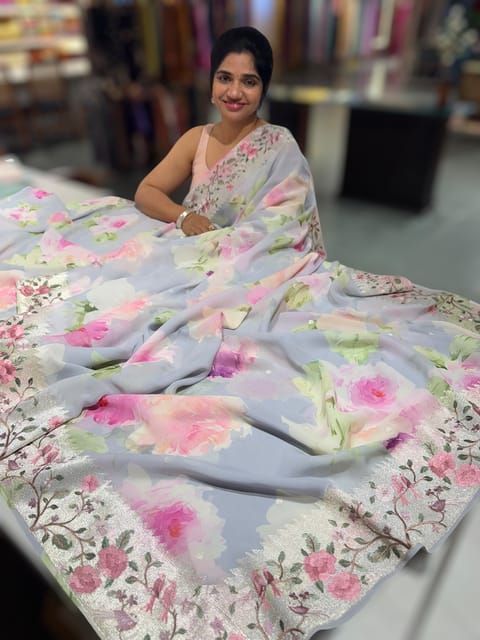 Lilac Printed Georgette Saree with Tissue Embroidered Border