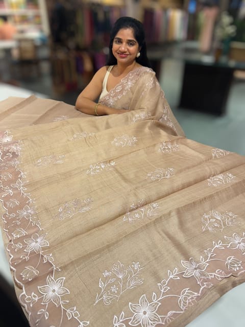 Chikoo Tussar Saree with Organza Embroidered Border