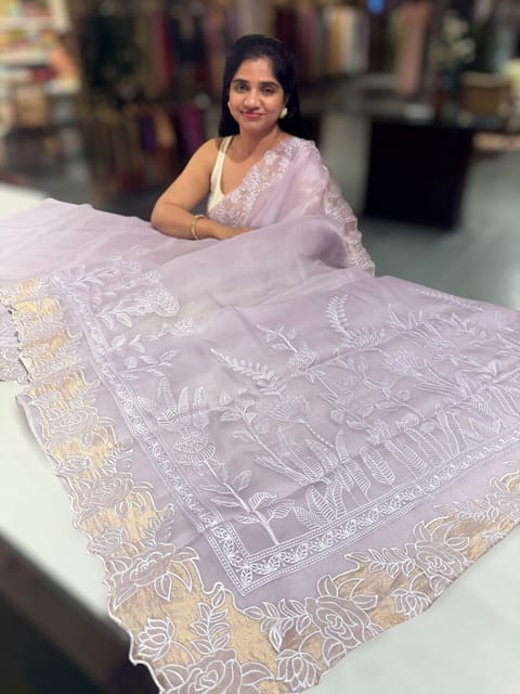 Lilac Organza Saree with Heavy Embroidery