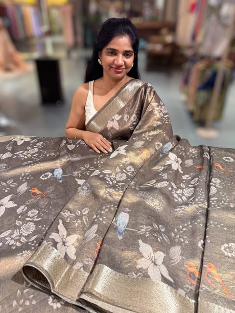 Dark Olive / Deep Mehendi Green Printed Banarasi Cotton Tissue Saree