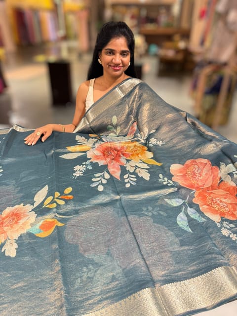 Peacock Blue Printed Banarasi Cotton Tissue Saree