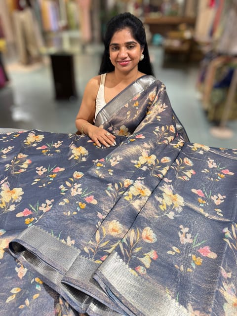 Midnight Blue Printed Banarasi Cotton Tissue Saree