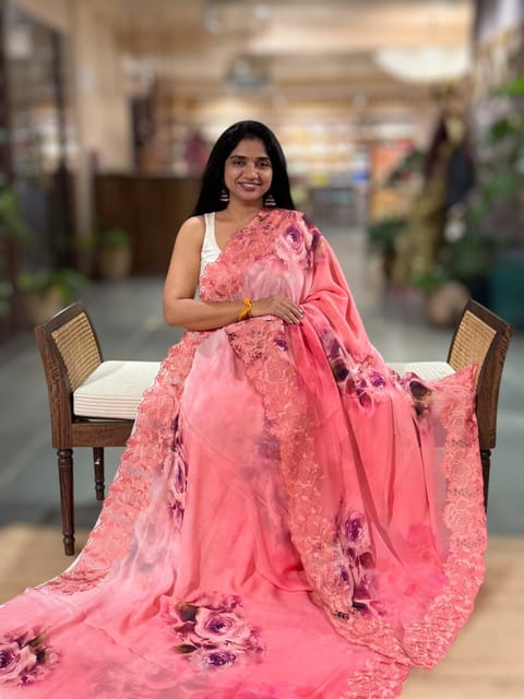 Coral Peach Georgette Saree with Chantilly Lace Style Cutwork Embroidered Border