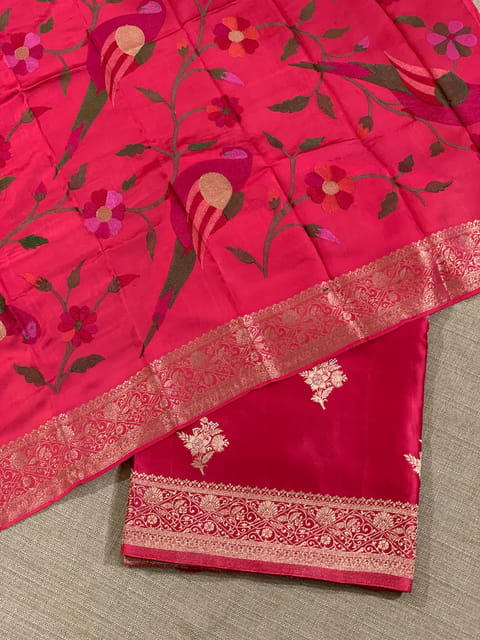 Dark Pink Mashru Silk Saree with Paithani Inspired Embroidered Blouse