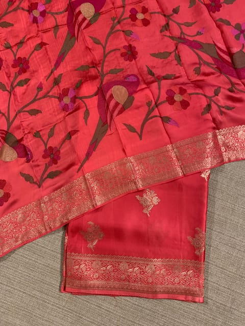Dark Peach Pink Mashru Silk Saree with Paithani Inspired Embroidered Blouse