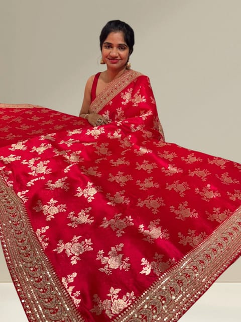 Chilli Red Banarasi Silk Saree with Embroidered Border