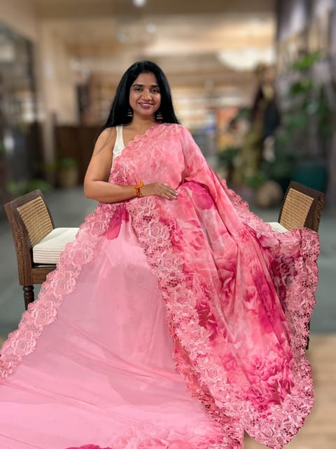 Coral Pink Georgette Saree with Chantilly Lace Style Cutwork Embroidered Border