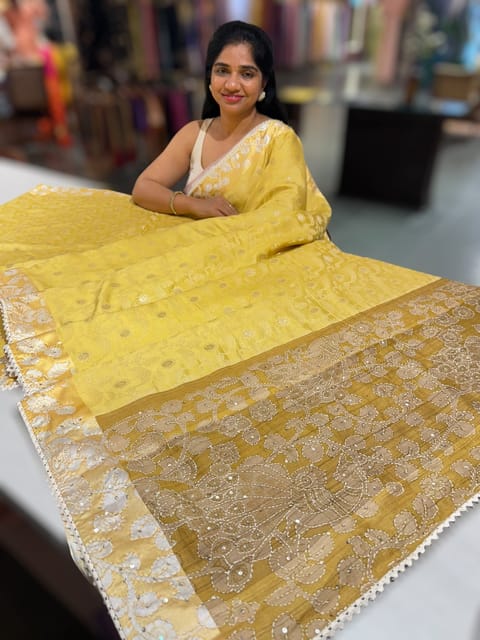 Pastel Yellow Mashru Saree with Kalamkari Border