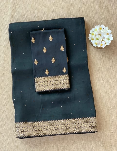 Black Pure Organza Saree with Mukaish Work