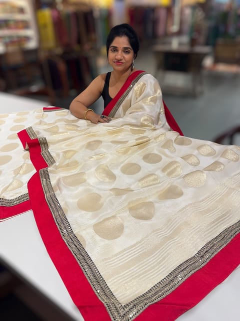 Half White Crepe Silk Polka Dot Saree with Statement Borders and Blouse