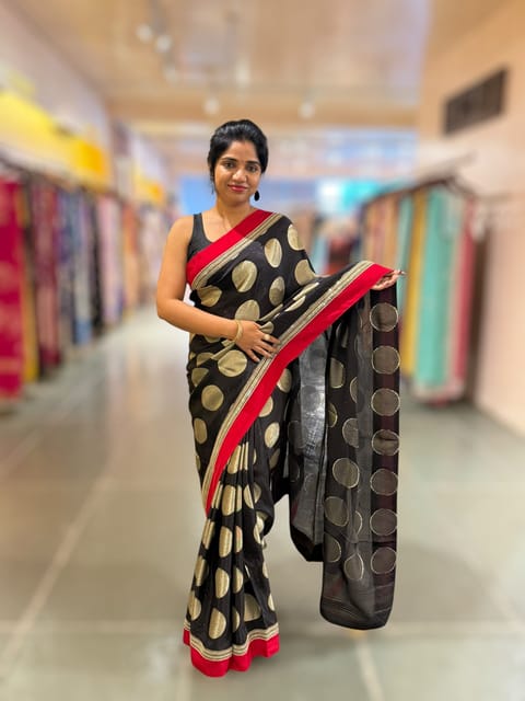 Black Polka Dot Crepe Silk Saree with Red Border