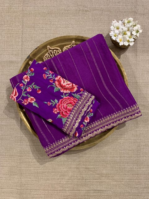 Purple Chinon Saree with Sabhya Borders and Heavy Embroidered Blouse