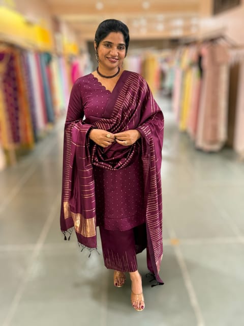 Wine Banarasi Handloom Chiniya Silk 3-Pc Suit Set