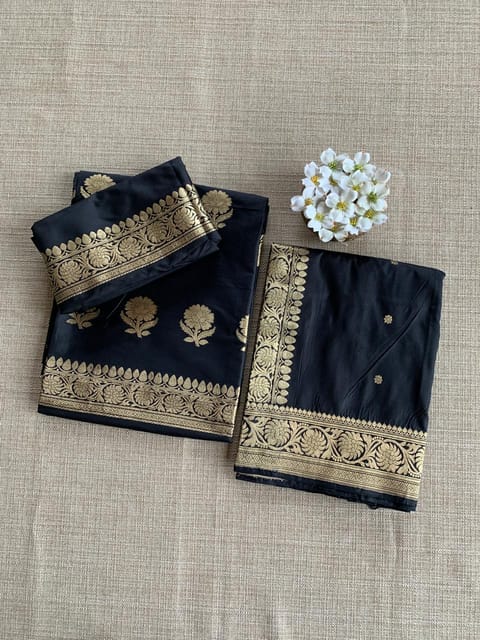 Black Pure Handloom Katan Silk 3-Piece Suit Set with Kaduwa Weaving
