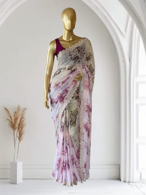 Shaded Printed Georgette Saree with Handwork Borders and All-Over Handwork