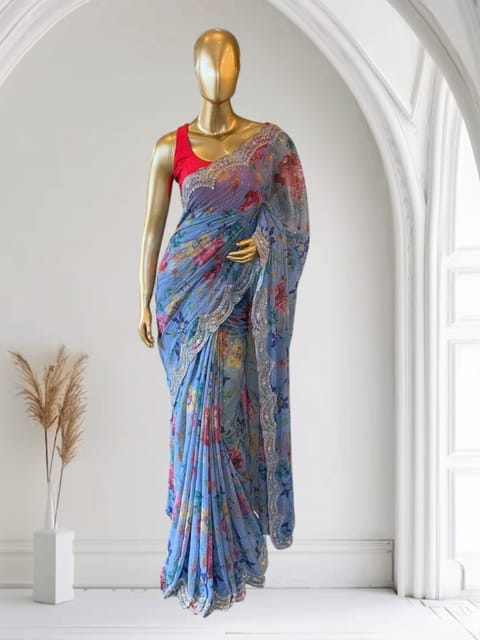 Blue Printed Georgette Saree with Handwork Borders