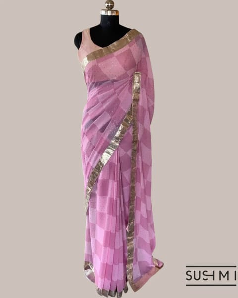 Pure Georgette Saree in Checks Pattern, All-Over Sequence and Hemlined with Gota Lace