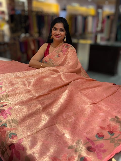 Peach Pink Banarasi Brocade Tissue Saree with Tonchui Style Weaving and Paithani Inspired Embroidered Border