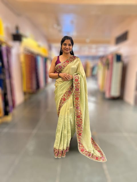 Mint Green Banarasi Brocade Tissue Saree with Tonchui Style Weaving and Parsi Gara Embroidered Border