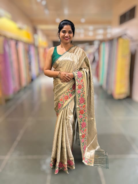 Bottle Green Base Banarasi Tissue Brocade Saree with Petite Point Embroidered Border