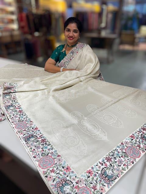 Half White Banarasi Brocade Silk Saree with Petite Point Embroidered Border