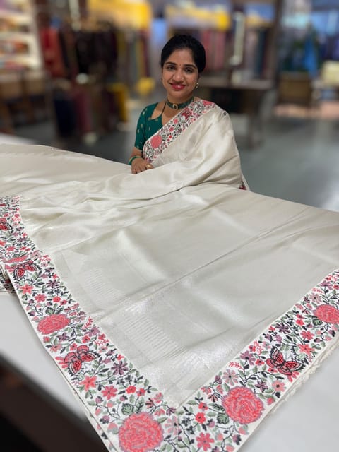 Half White Banarasi Brocade Silk Saree with Petite Point Embroidered Border