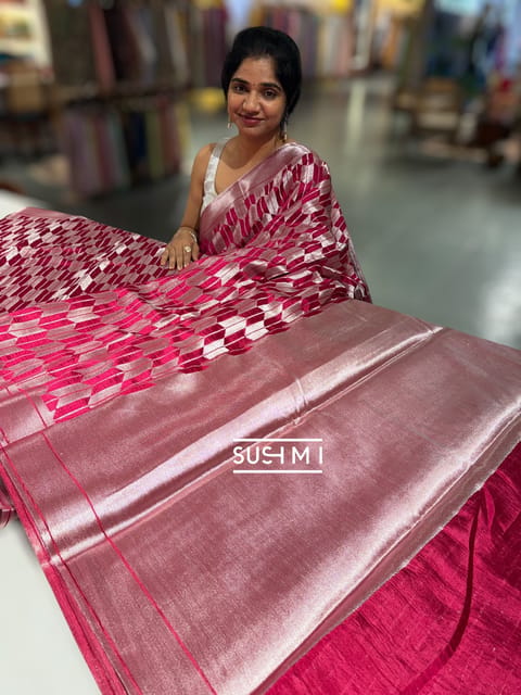 Ruby Pink Banarasi Chinia Brocade Saree with Khaddi Border