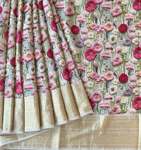 Ivory Pure Handloom Chiniya Silk Saree with Floral Print and Zari Borders