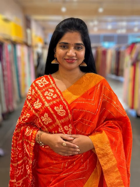 Orange Dhupion Raw Silk Saree with Gharchola Bandhini Blouse