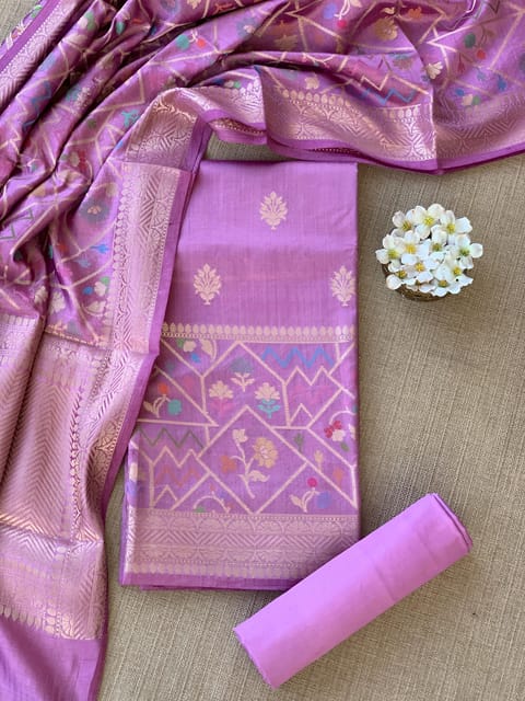 Lilac Pink Banarasi Chiniya Silk Suit Set