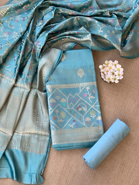 Powder Blue Banarasi Chiniya Silk Suit Set