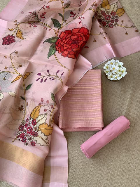 Pastel Pink Banarasi Chiniya Silk 3-Pc Suit Set :