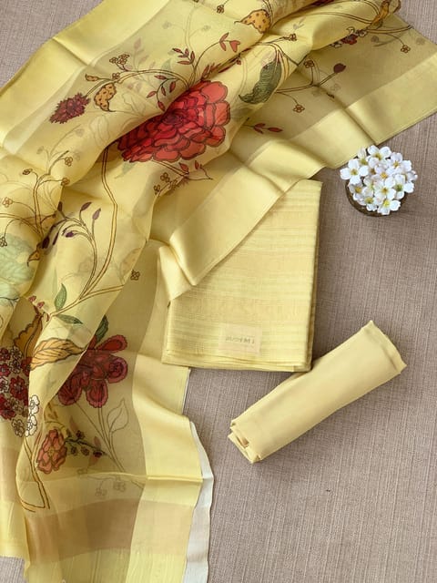 Pastel Yellow Banarasi Chiniya Silk 3-Pc Suit Set