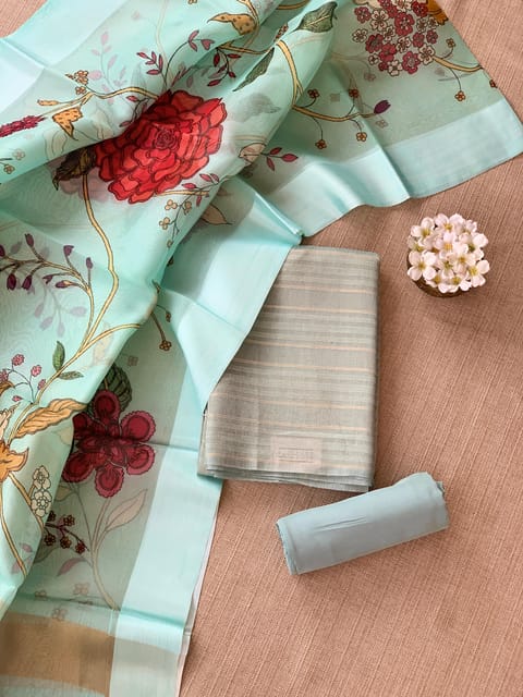 Mint Blue Banarasi Chiniya Silk 3-Pc Suit Set