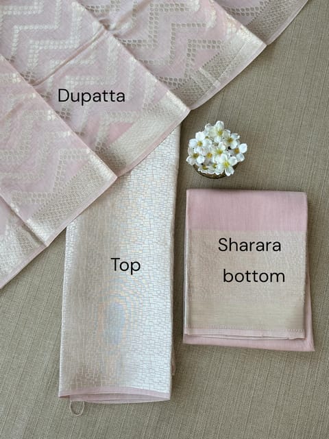 Pastel Pink Banarasi Mul Silk Brocade 3-Pc Sharara Suit Set :