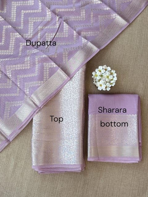 Lilac Banarasi Mul Silk Brocade 3-Piece Sharara Suit Set