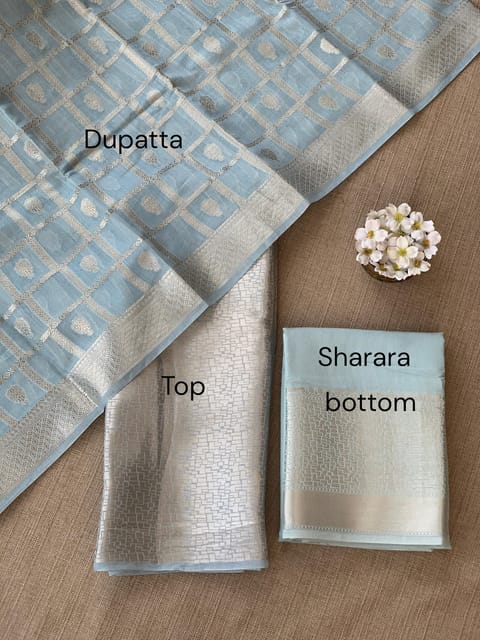 Powder Blue Banarasi Mul Silk Brocade 3-Pc Sharara Suit Set :
