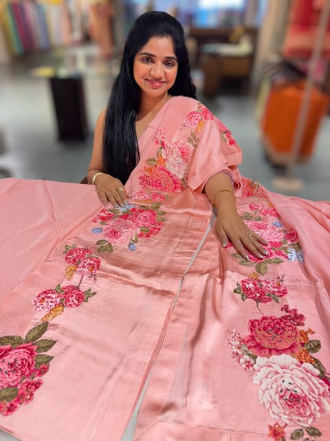 Peach Pink Designer Chinnon & Satin Fusion Saree