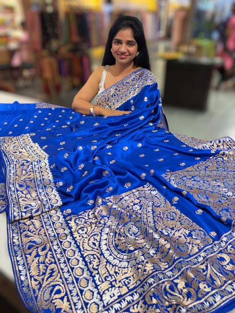Electric Blue Pure Mashru Satin Saree with Embroidery