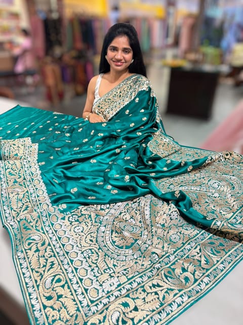 Peacock Green Pure Mashru Satin Saree with Embroidery