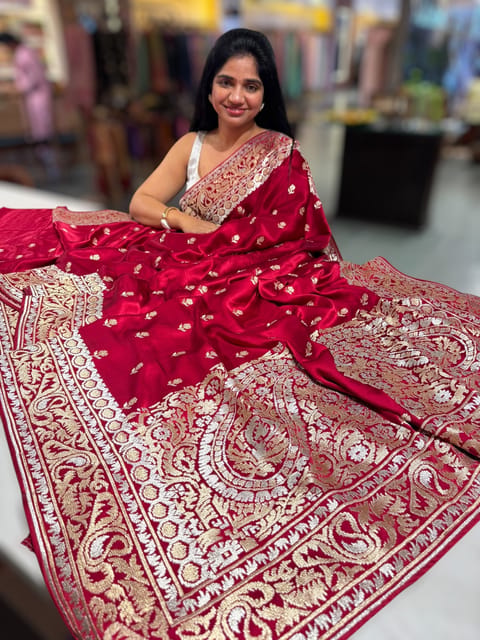 Maroon Red Pure Mashru Satin Saree with Embroidery