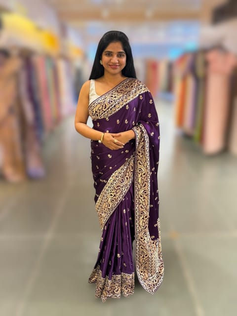 Brinjal Pure Mashru Satin Saree with Embroidery