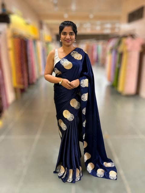 Midnight Blue Pure Satin Saree with Embroidered Border and Blouse